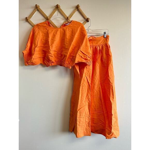 Stockholm Atelier & Other Stories Linen Orange Crop Top and Midi Skirt Set XS/2 - Picture 12 of 12